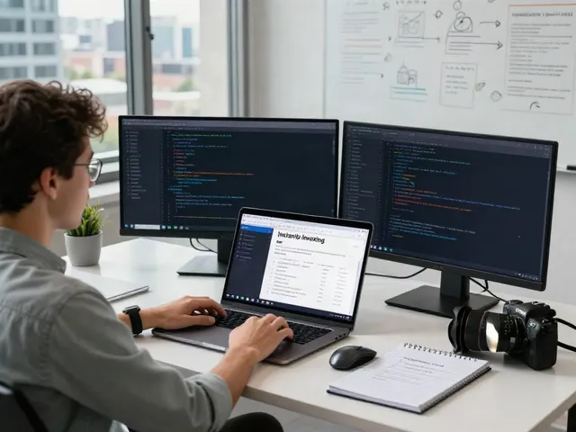 Developer optimizing instant indexing in a modern tech workspace with multiple screens and brainstorming notes.