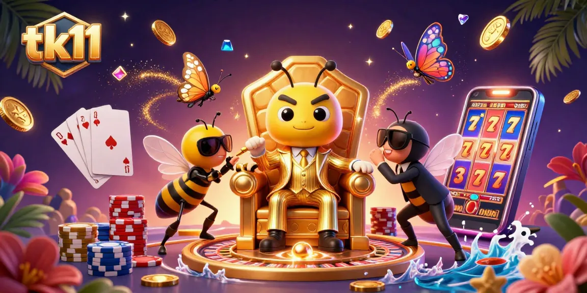Win big at tk11 with vibrant 3D illustration featuring a lucky bumblebee mob boss and casino games.
