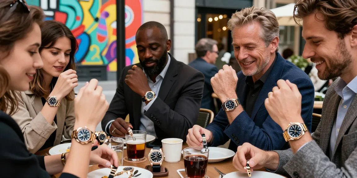 Showcasing rolex super clone watches in a stylish urban café atmosphere with diverse enthusiasts examining their timepieces.