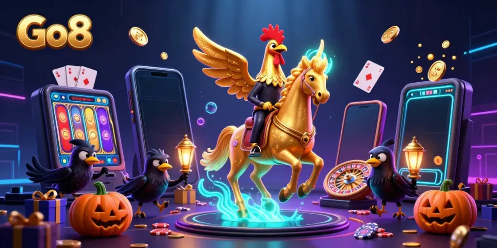 Experience the thrilling Go8 casino with a golden rooster and spectral horse in a vibrant, animated scene.