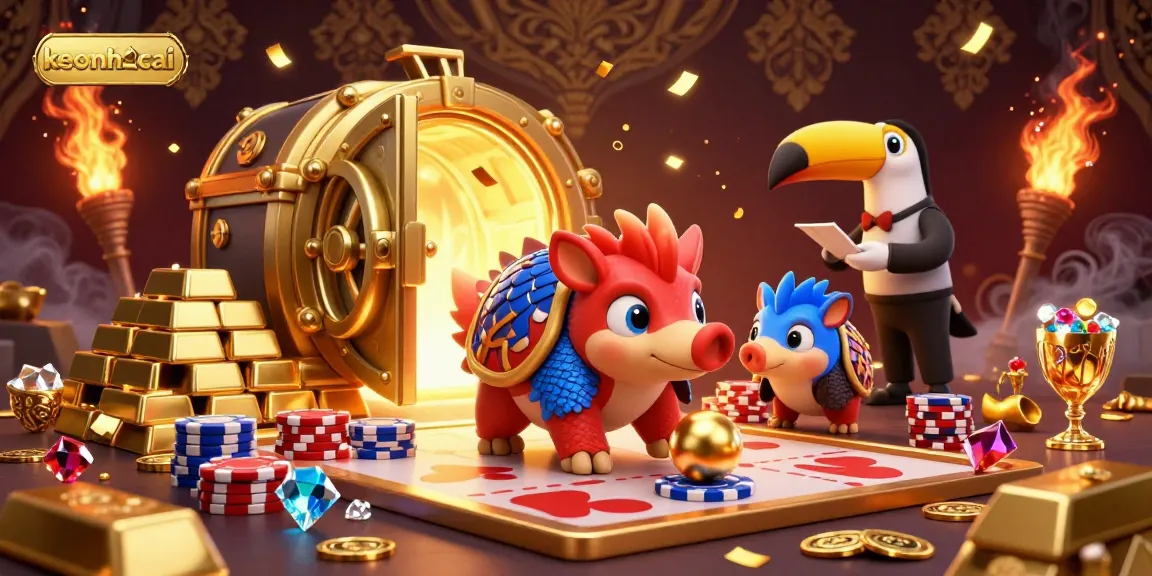 Engaging scene with keonhacai pangolins bowling golden balls through poker chips amidst treasures.