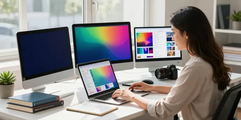 Buy followers strategies in a vibrant digital marketing workspace with engagement metrics on screens.