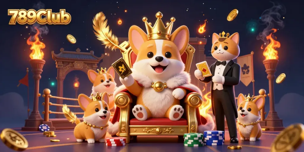 Experience the vibrant world of 789Club with a royal corgi and dynamic casino elements in a thrilling 3D illustration.