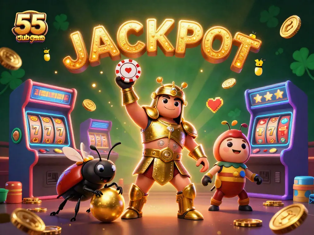 Engage in exciting 55 club game action with vivid 3D characters celebrating a jackpot.
