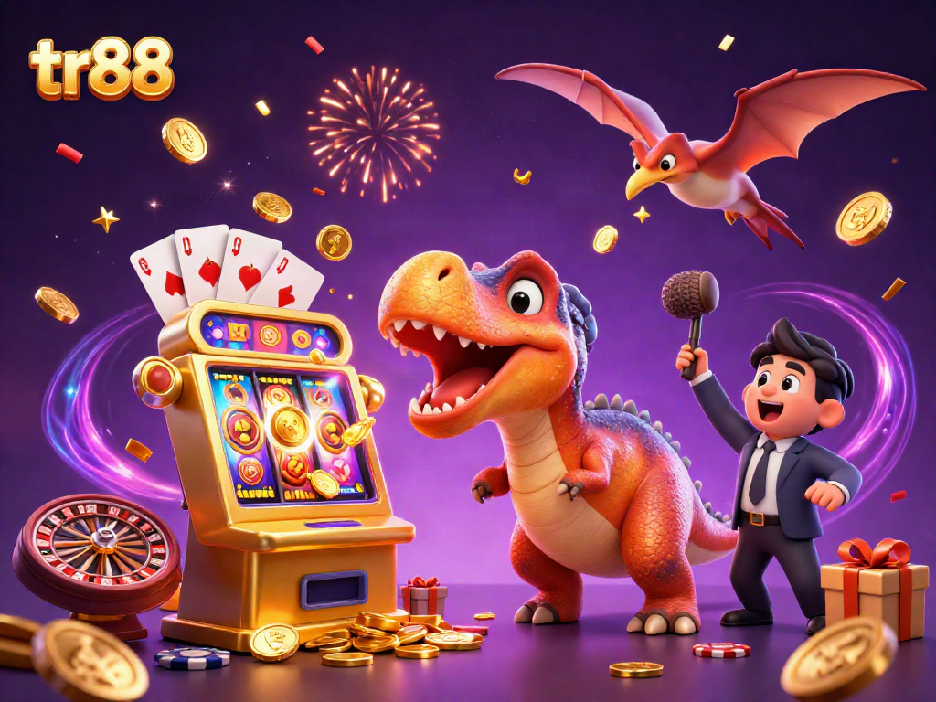 tr88 casino illustration with dinosaurs and jackpots, celebrating a big win.