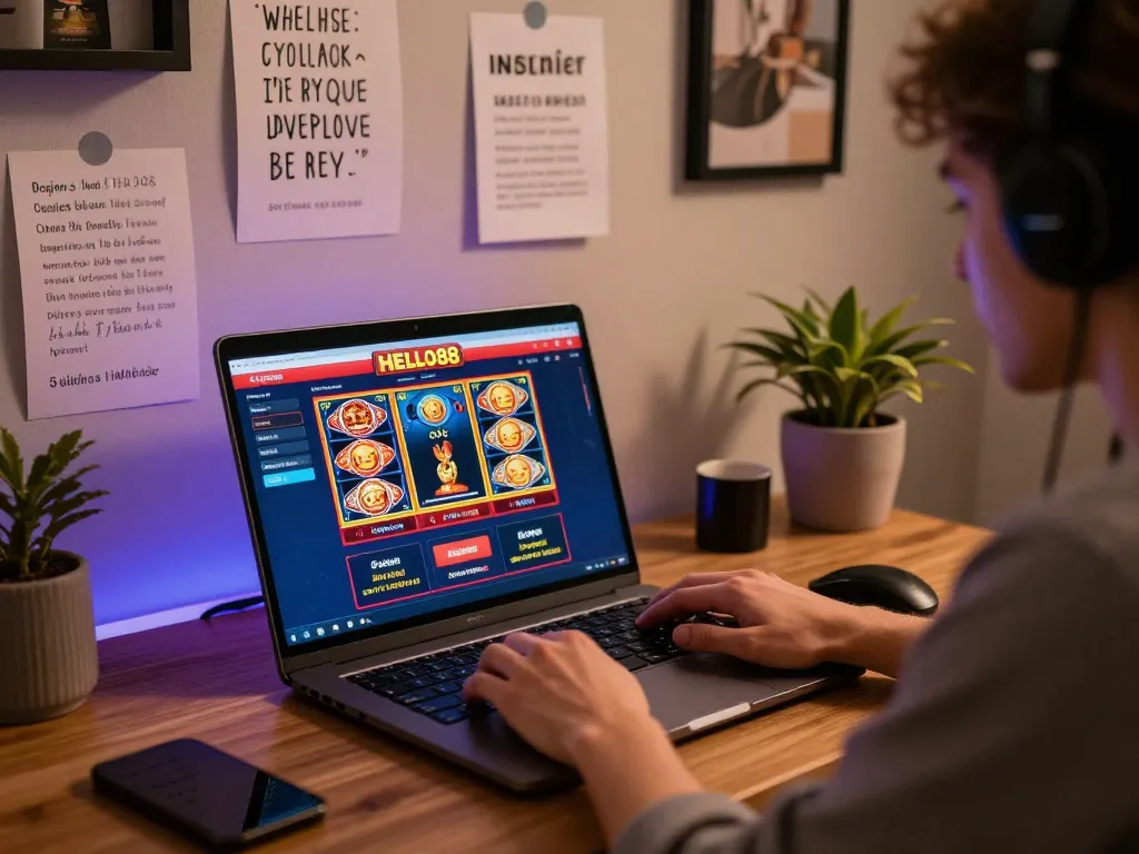 Engaged user playing on HELLO88 casino platform from a cozy gaming setup.