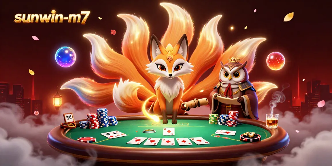 Engaging sunwin-m7 poker scene featuring a mystical nine-tailed fox and wise owl.
