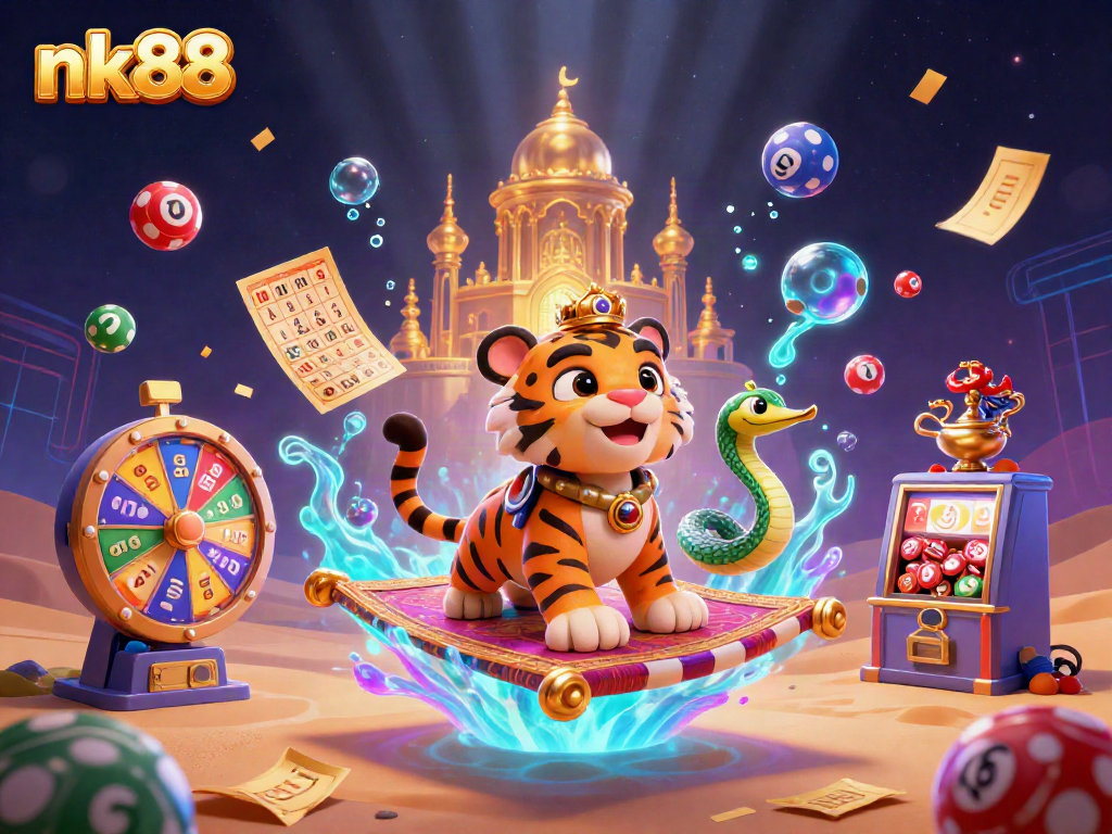 Engage with nk88's vibrant lottery scene adorned with colorful balls and golden prizes.