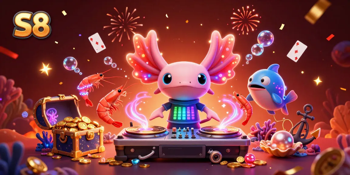S8 offers vibrant gaming energy with a neon axolotl DJ, underwater treasures, and vibrant casino elements.