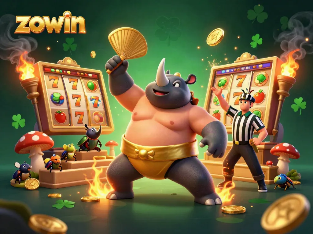 Zowin online casino illustration showcasing a beetle sumo champion and slot game elements, vibrant and dynamic.
