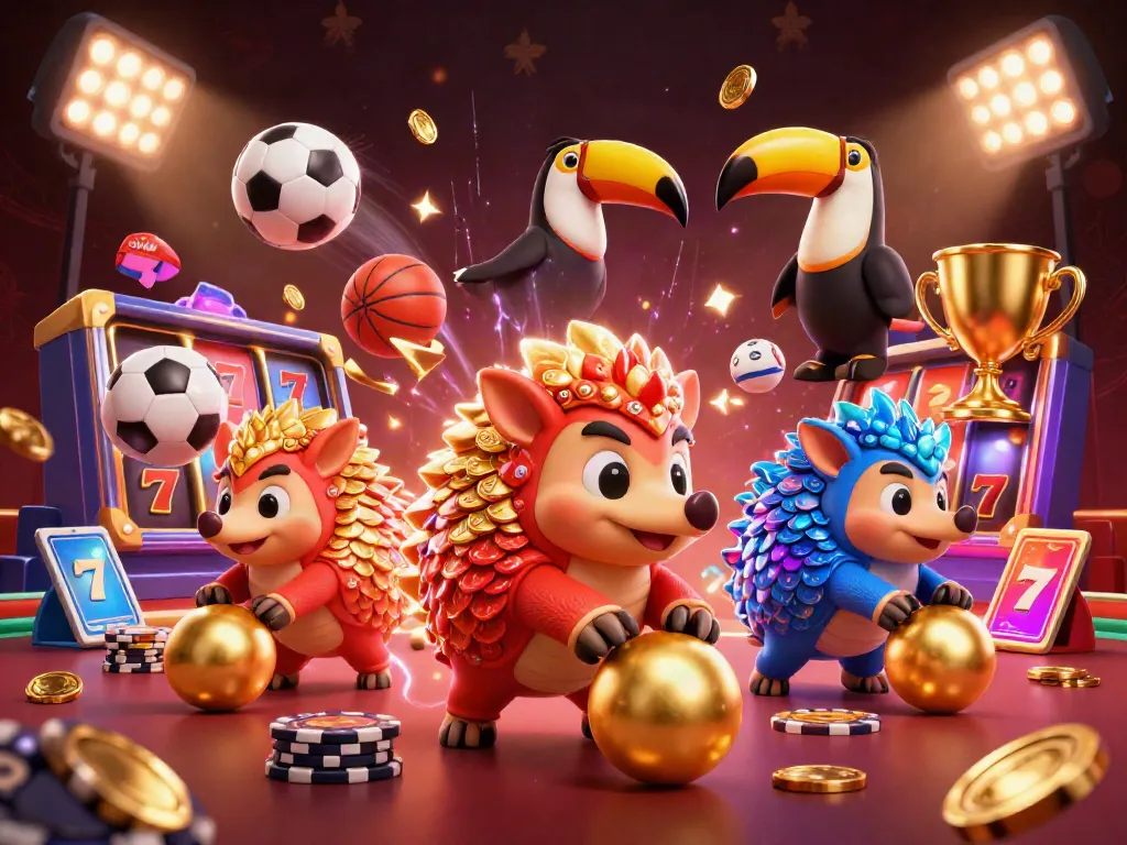 Engage in thrilling gameplay at sun-win with rival pangolins, colorful casino elements, and vibrant trophies.
