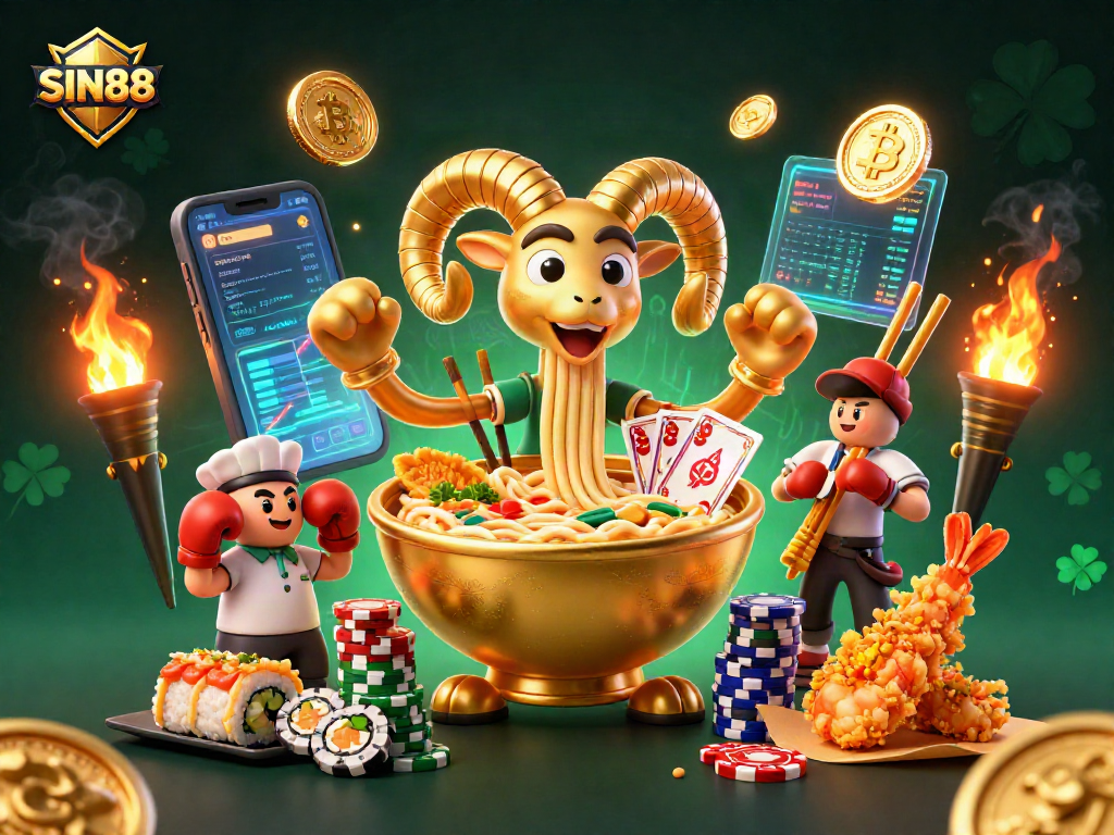 SIN88 showcases a vibrant, dynamic casino scene with unique characters and cryptocurrency elements.
