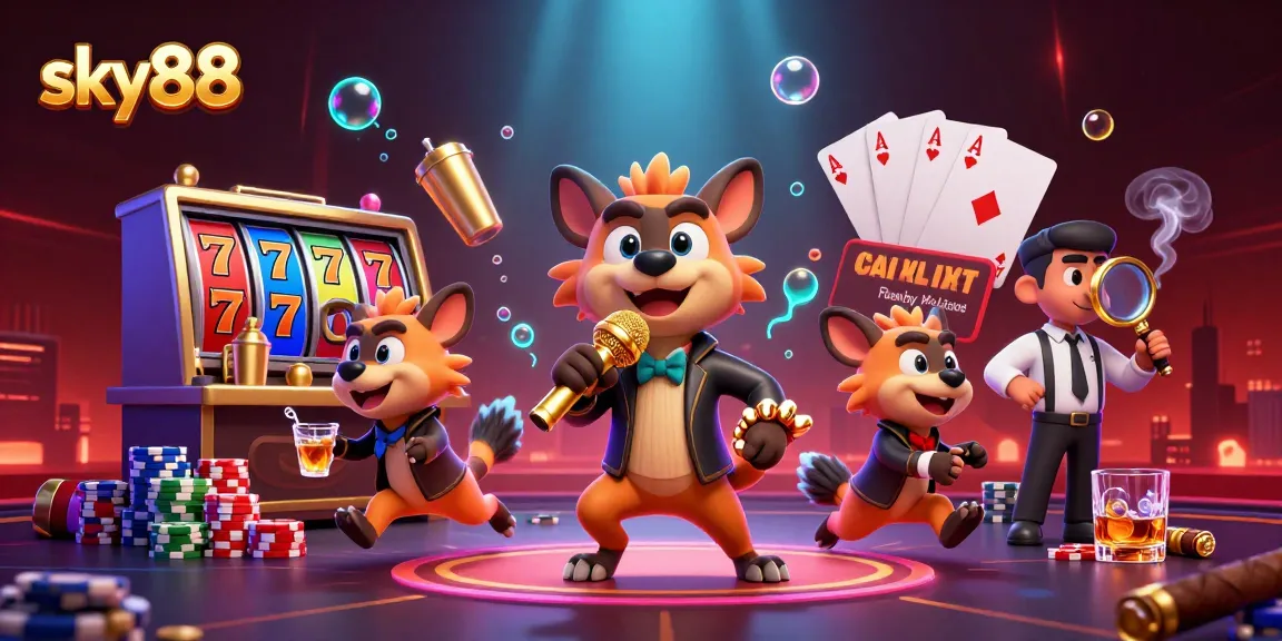 Spin the reels and win big with sky88 in this vibrant casino scene featuring hyenas.