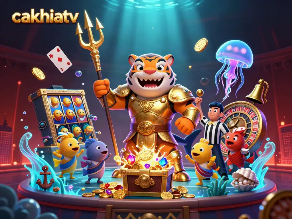 Witness the vibrant gambling scene featuring CakhiaTV with a triumphant tiger shark in armor against an underwater colosseum backdrop.