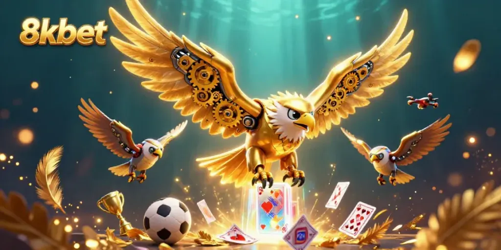 Engage with the thrilling 8xbet experience through a dynamic illustration showcasing a golden eagle diving amidst sports betting elements.