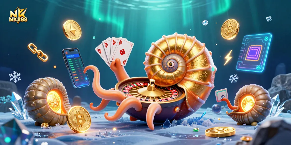 Engage with NK888 in a vibrant 3D casino scene featuring a nautilus and glowing coins.