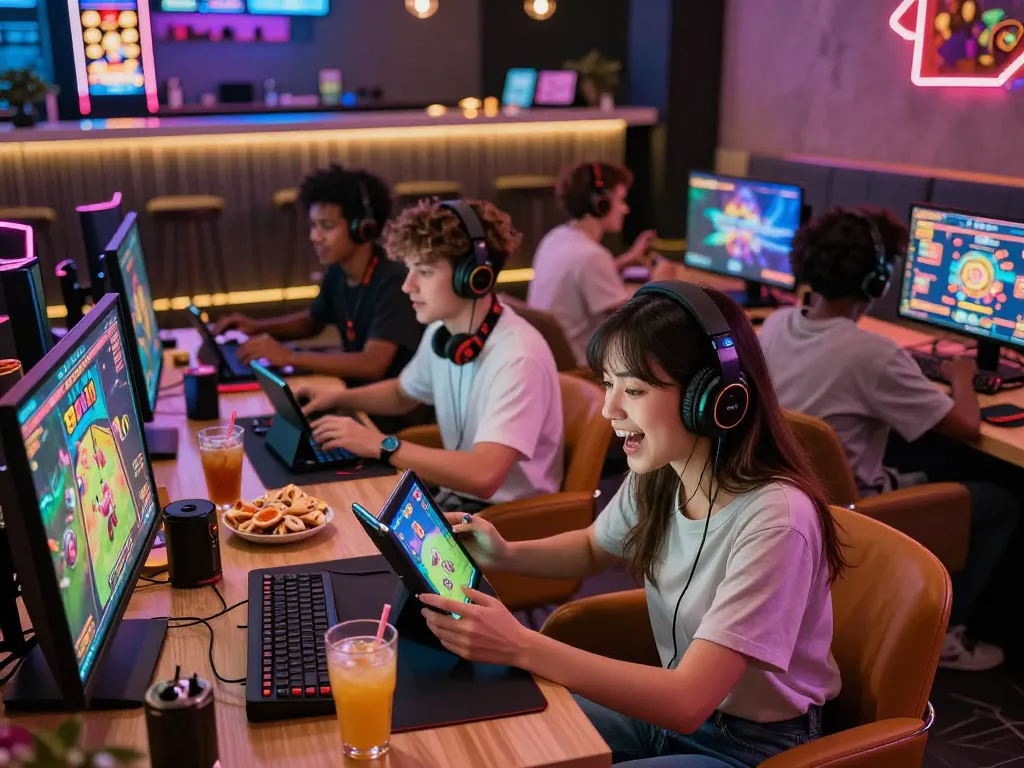 Exciting gaming environment at Sun Win where diverse players enjoy thrilling online games in a lively lounge setting