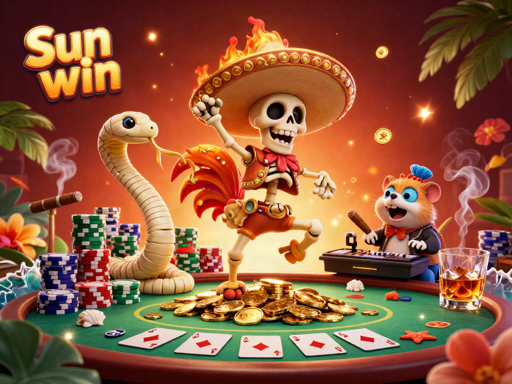 Experience thrilling wins at Sun win with a festive, vibrant display of gaming excitement showcasing colorful poker elements and festive characters.