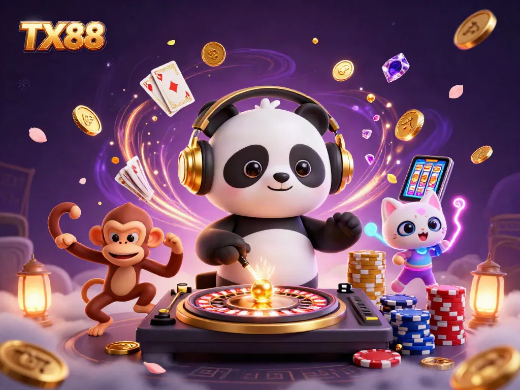 Experience the excitement at TX88 with a vibrant casino scene featuring dynamic gaming elements.