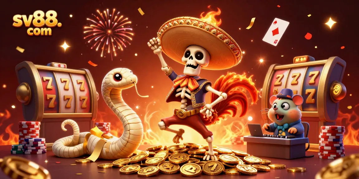 Experience the excitement of sv88. com with a lively illustration showcasing iconic casino characters and gambling elements.