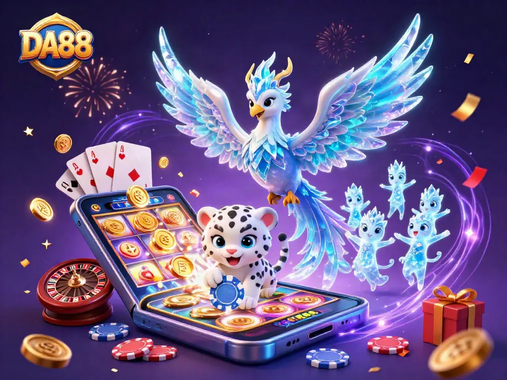Engage in thrilling gaming adventures with DA88's captivating characters amidst vibrant casino elements.