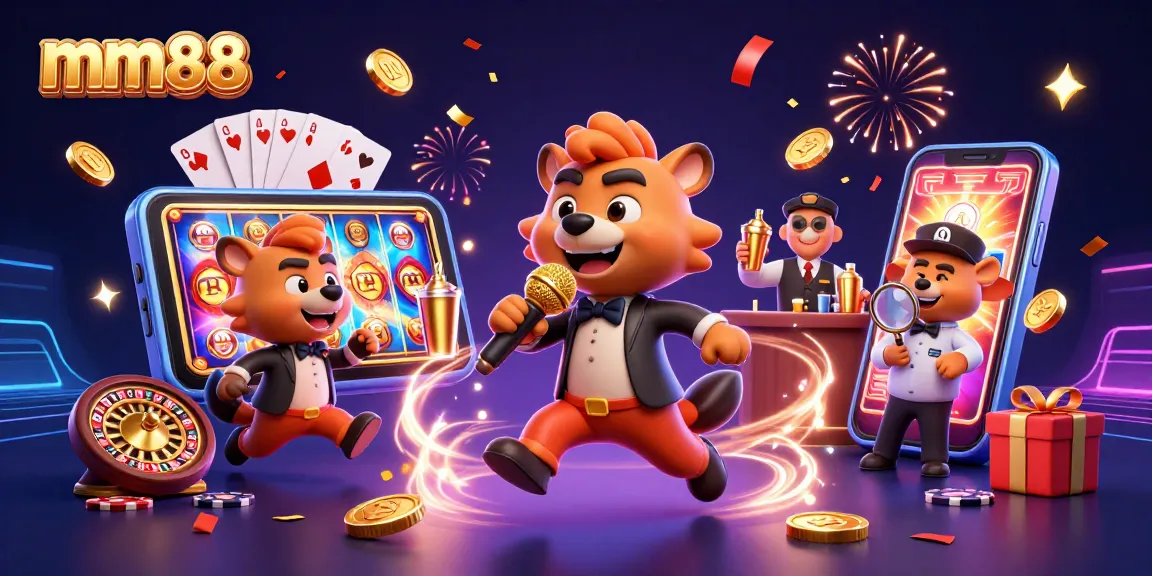 Engage with mm88 in a vibrant casino scene filled with slots, cards, and joyous hyenas.