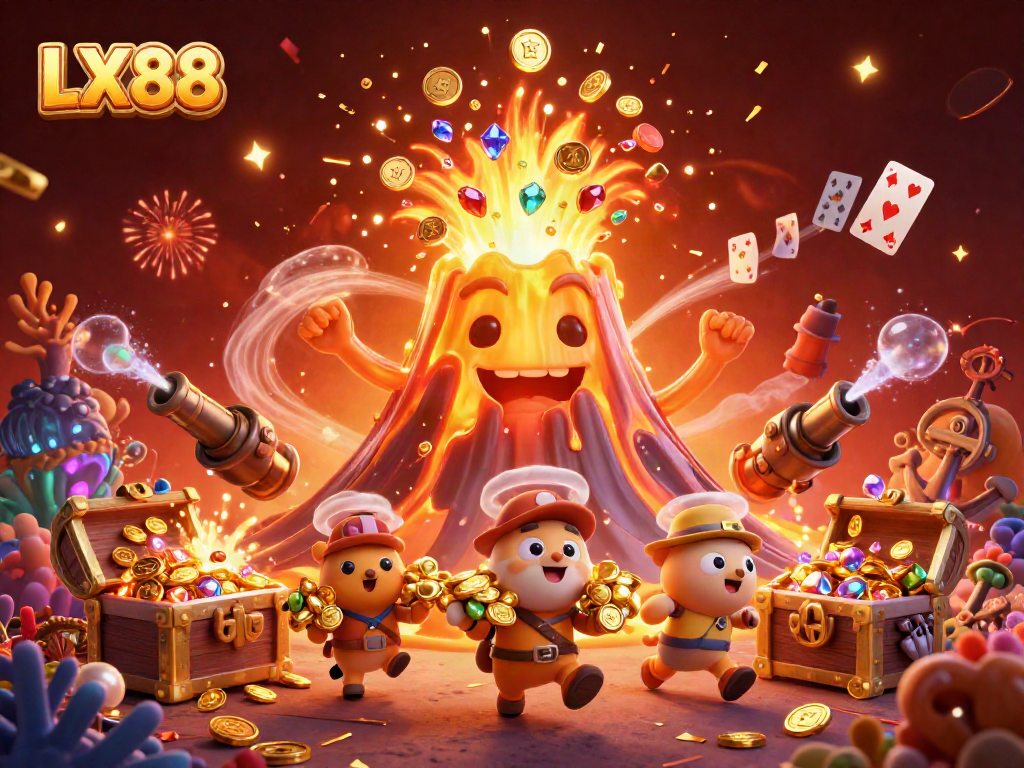 Win big with LX88 as a golden volcano erupts treasure amidst a vibrant casino scene.