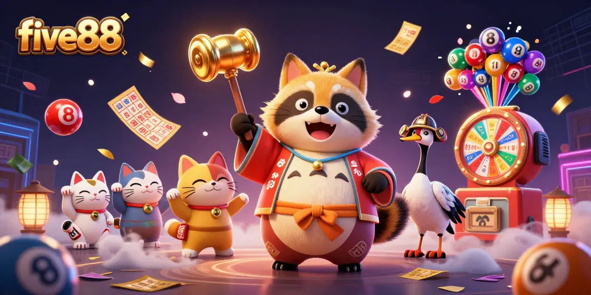 Play exciting games at five88 with colorful lottery balls and cheerful characters in vibrant casino art.