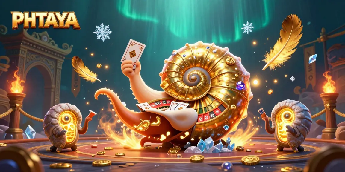 PHTAYA casino scene featuring a giant nautilus roulette wheel and glowing ammonite companions amidst vibrant gaming elements.