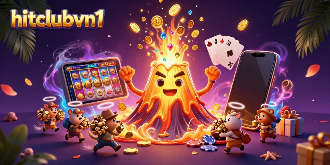Experience the excitement of hitclubvn1 with a volcano erupting coins and gems in a vibrant casino scene.