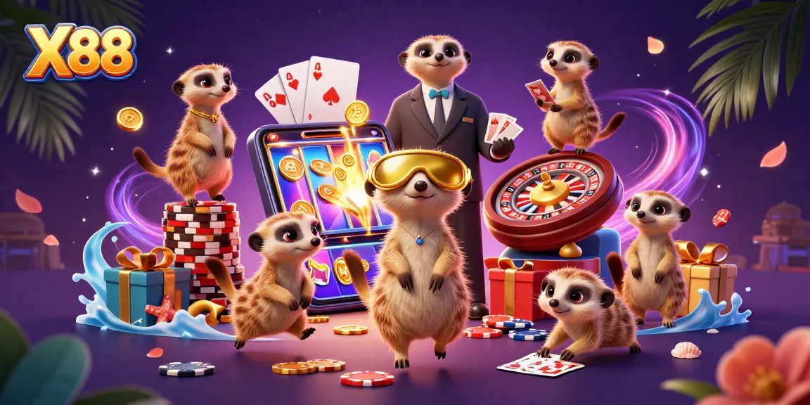 X88 offers an exciting glimpse into a vibrant casino scene guided by clever meerkats managing games and winnings.