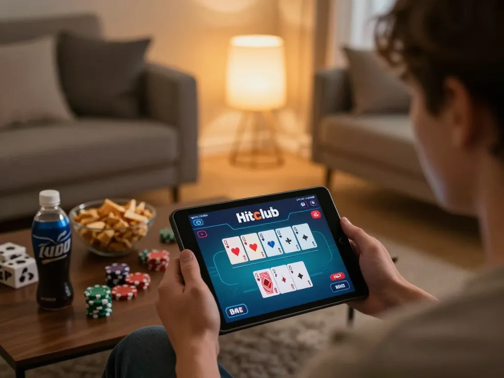 Player engaging with poker game on Hitclub app in cozy home setting, surrounded by snacks and warm lighting.