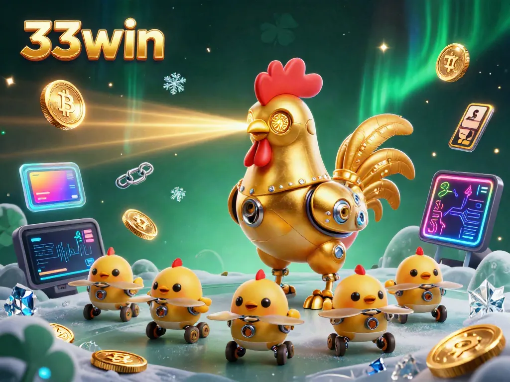 Engage in thrilling casino excitement with the vibrant scene featuring 33win's golden rooster robot.