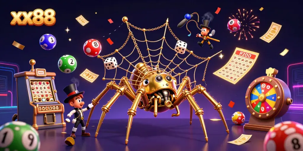 Engage with exciting xx88 games amid golden web and colorful lottery elements in a spectacular 3D scene.