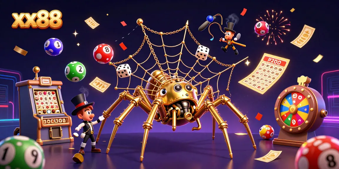 Engage with exciting xx88 games amid golden web and colorful lottery elements in a spectacular 3D scene.