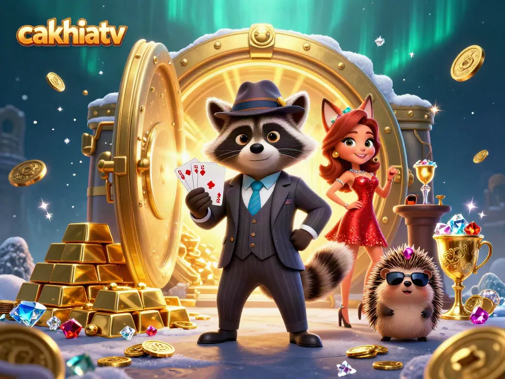 CakhiaTV offers immersive gambling excitement with raccoon in suit playing cards in vibrant casino scene.