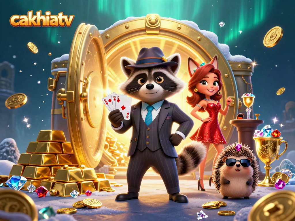 CakhiaTV offers immersive gambling excitement with raccoon in suit playing cards in vibrant casino scene.