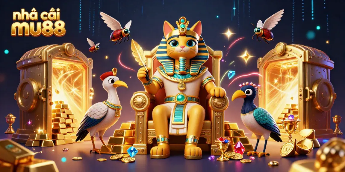 Engage with the vibrant world of nhà cái mu88 in this thrilling casino illustration featuring a regal pharaoh cat and treasure.