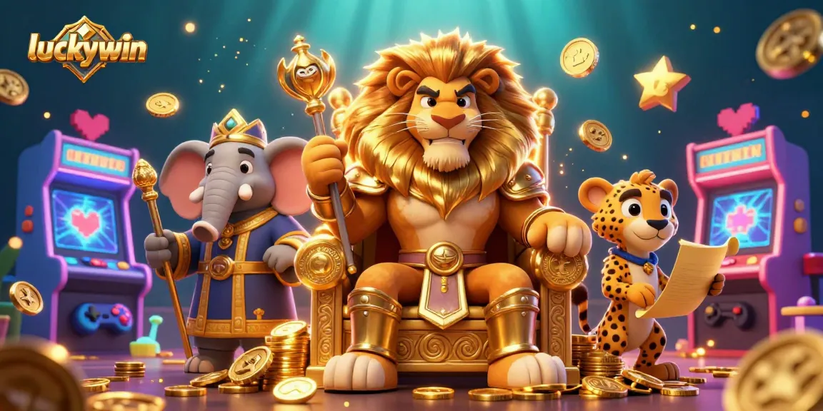 Experience thrilling gaming at luckywin with a vibrant scene featuring a fierce lion king, wise advisor, and cheetah messenger.