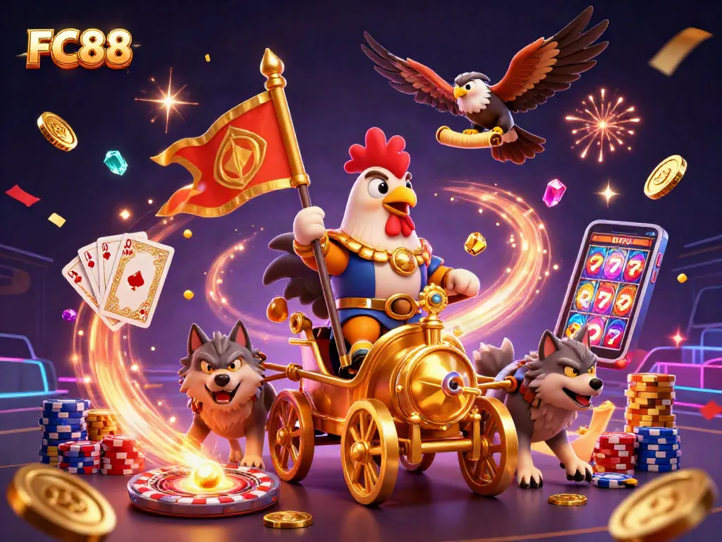 Engage in thrilling gameplay at FC88, featuring a rooster warlord and casino elements amidst vibrant visuals.