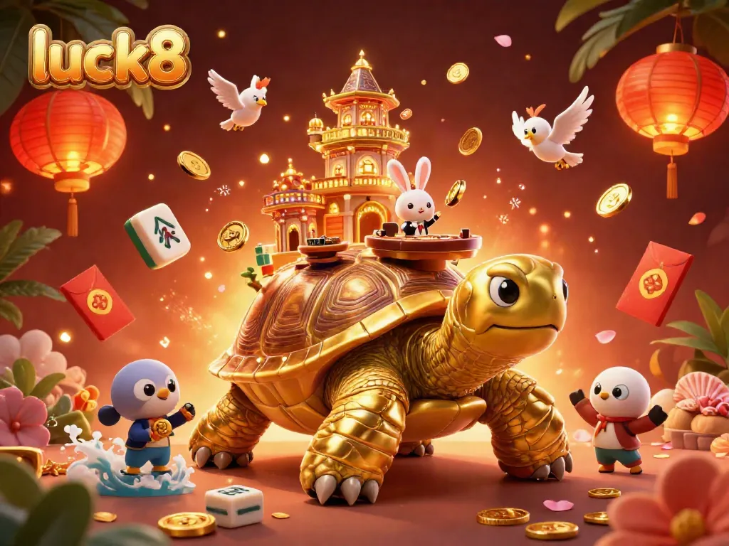 Experience the thrill of luck8 with a vibrant casino scene featuring a giant golden tortoise hosting a card table.
