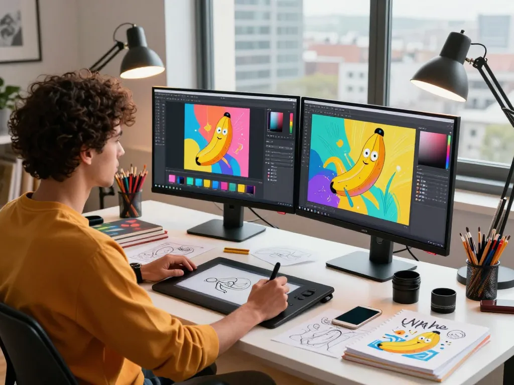 Artist utilizing nano banana AI image editor at a modern creative workspace, dual monitors displaying vibrant visuals.