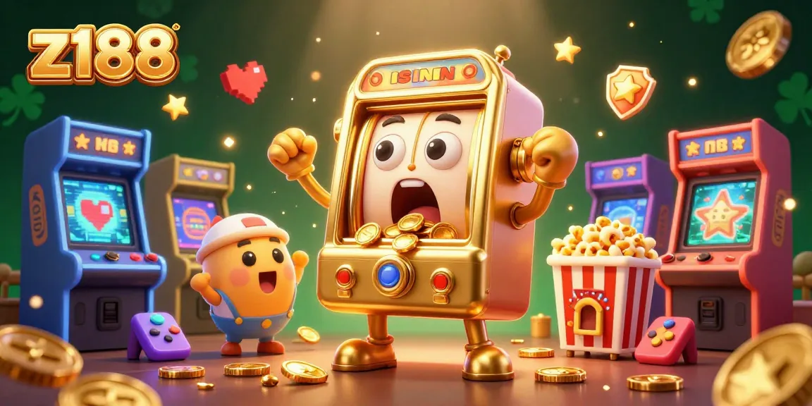 Experience z188’s thrilling slots with cartoon slot machines celebrating jackpots while coins burst around them.