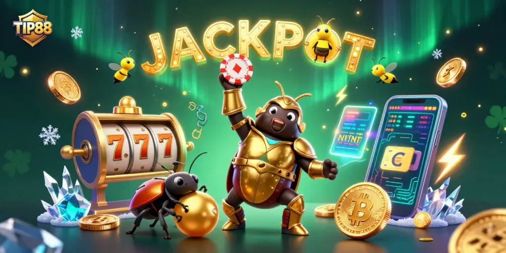 Experience the excitement of TIP88 with a vibrant illustration showcasing a victorious beetle lifting a poker chip among casino elements.