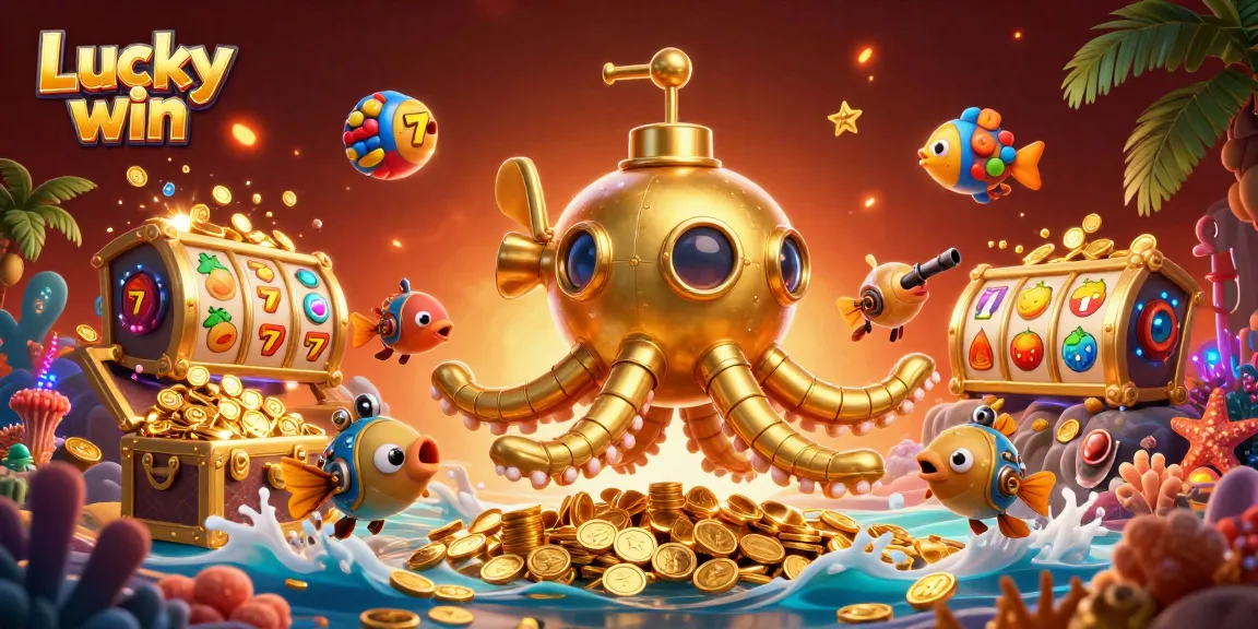 Engage with Lucky win's vibrant 3D casino scene showcasing golden kraken and mechanical fish through jackpot adventures.