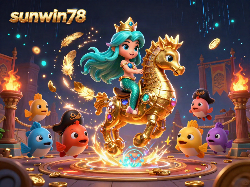 Engage in thrilling gameplay at sunwin78 with a vibrant mermaid and seahorse amidst dazzling casino elements