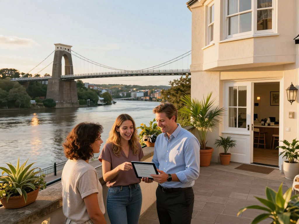 Engaging discussion about airbnb management bristol by the waterfront, featuring property manager and couple.