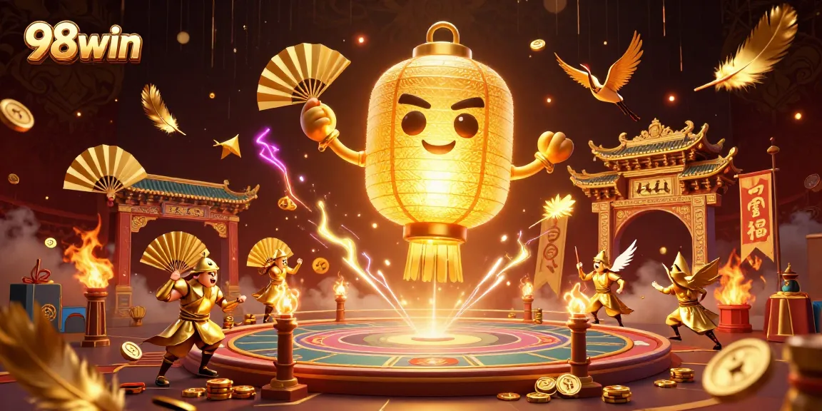 Experience 98win's captivating casino scene with a golden lantern spirit and vibrant gaming atmosphere.