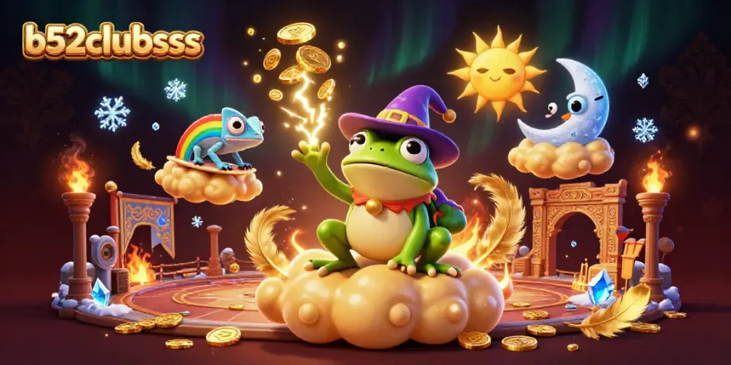 Experience the vibrant world of b52clubsss with a wizard frog and chameleon amidst golden coins.
