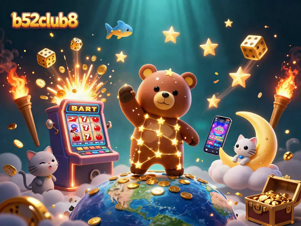 Experience the thrill of winning at b52club8 with this vibrant, dynamic casino illustration full of game elements.